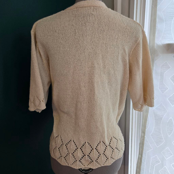 Vintage Cottagecore Eyelet Knit Pearl Button Shirt Sleeve Ivory Sweater Large - Picture 4 of 6